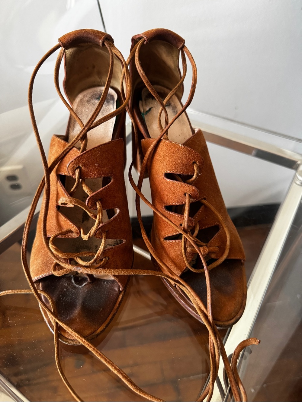 Loeffler Randall Rust Brown Suede Lace-Up Peep-Toe Heels